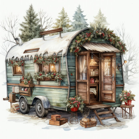 Watercolor Christmas caravan Illustration, Generative Aiの素材