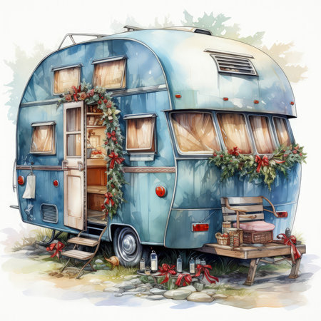 Watercolor Christmas caravan Illustration, Generative Aiの素材