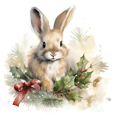 Watercolor Cristmas Rabbit Illustration, Generative Aiの素材