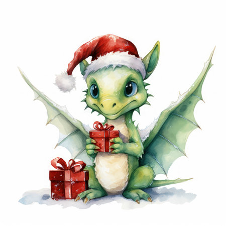 Watercolor Christmas Dragon Illustration, Generative Aiの素材