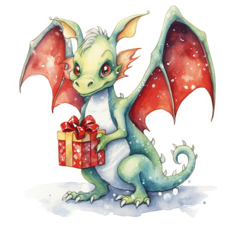 Watercolor Christmas Dragon Illustration, Generative Aiの素材