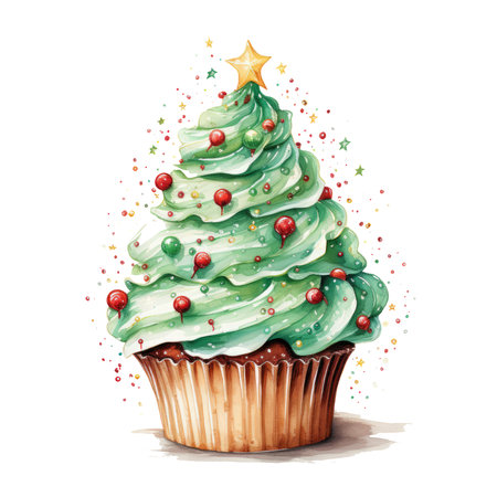 Watercolor christmas cupcake Illustration, Generative Aiの素材