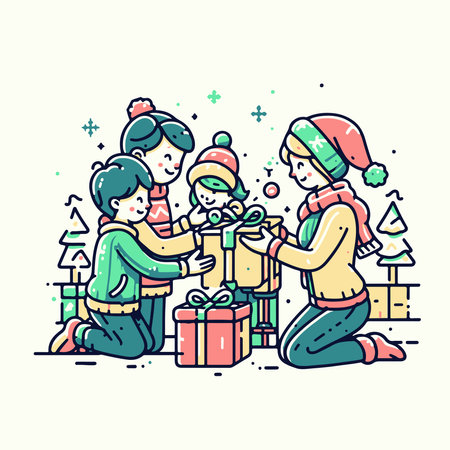 Vector illustration of happy family decorating christmas tree with presents.のイラスト素材