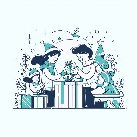 Vector illustration of family decorating christmas tree with presents. Line art style.のイラスト素材