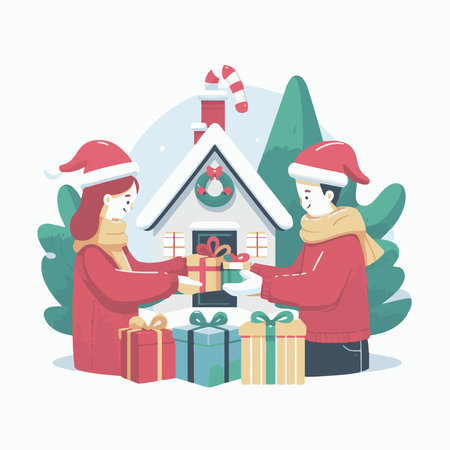 Couple in love with Christmas presents. Vector illustration in flat styleのイラスト素材