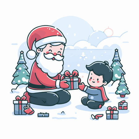 Santa Claus and little boy with presents. Vector illustration in cartoon style.のイラスト素材
