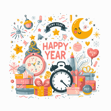 Happy New Year greeting card with gifts and clock. Vector illustration.のイラスト素材