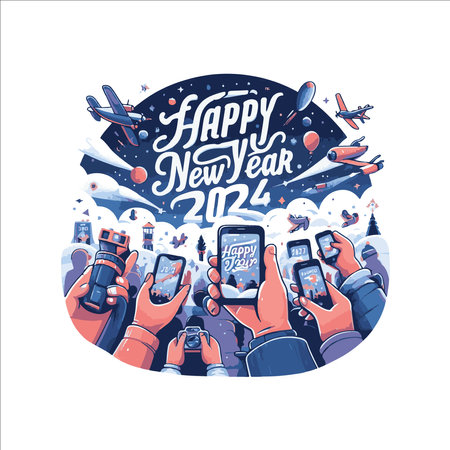 Happy New Year and Merry Christmas. Hand holding smartphone. Vector illustrationのイラスト素材