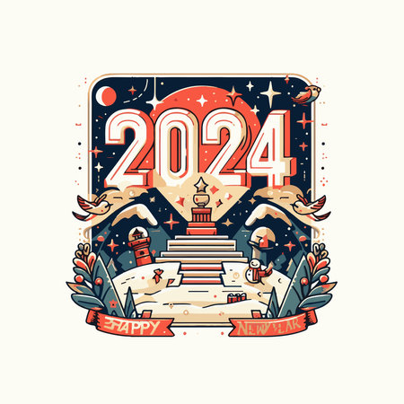 Happy new year 2024 greeting card. Vector illustration. Vintage style.のイラスト素材