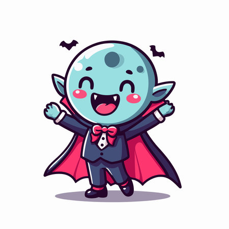 Cute blue bowling ball flying with red cape and bat wings.のイラスト素材