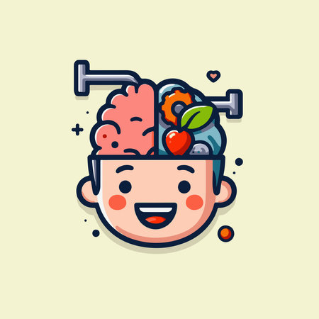 Cute boy with brain and fruits in it. Vector illustration.のイラスト素材