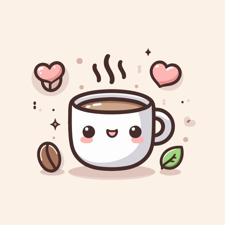 Coffee cup and coffee beans. Cute cartoon character. Vector illustration.のイラスト素材