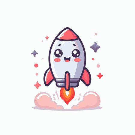 Rocket icon. Cute cartoon rocket with stars. Vector illustration.のイラスト素材