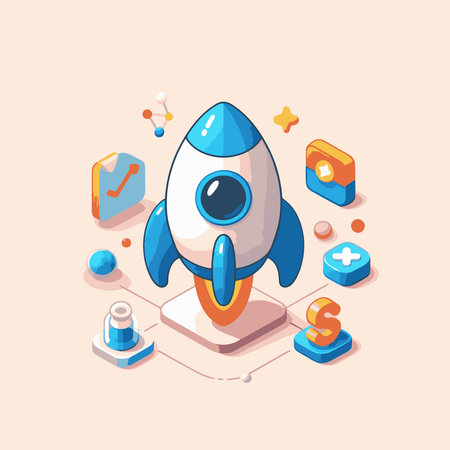 Isometric rocket start up business concept. Business start up vector illustrationのイラスト素材