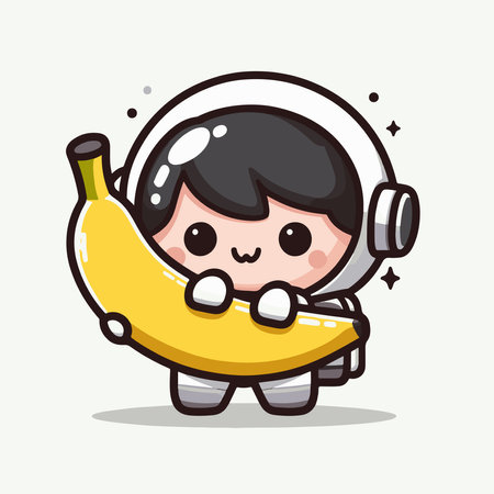 Cute astronaut holding banana character cartoon vector illustration. Cute cartoon astronaut with banana.のイラスト素材