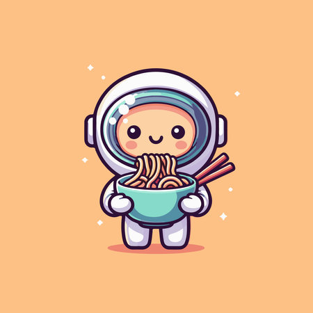 Cute astronaut holding a bowl of noodle. Vector illustration.のイラスト素材