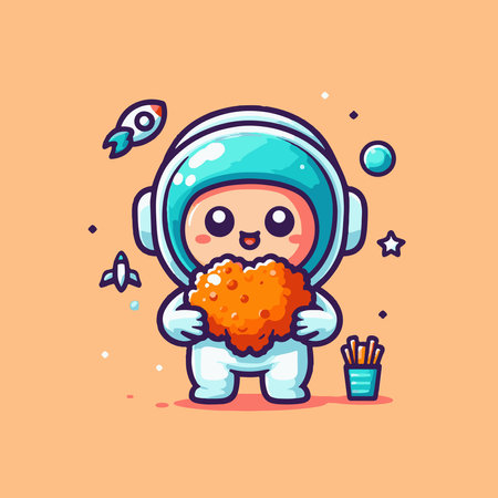 Cute astronaut holding fried chicken in hands. Vector cartoon character illustration.のイラスト素材