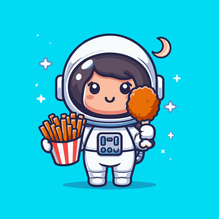 Cute astronaut girl holding fried chicken in hand. Vector illustration.のイラスト素材
