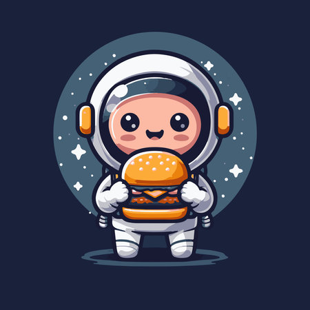 Cute cartoon astronaut with hamburger on dark background. Vector illustration.のイラスト素材