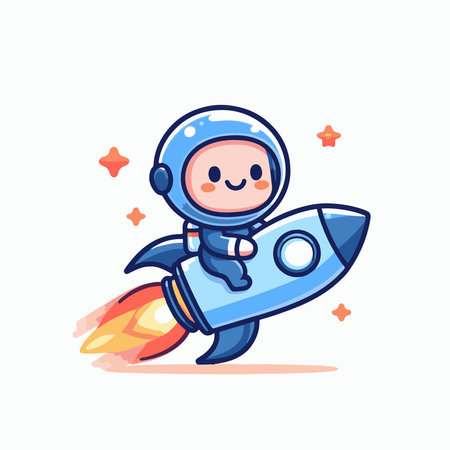 Cute little astronaut flying on a rocket. Vector cartoon illustration.のイラスト素材