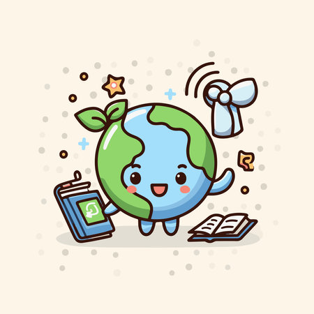 Cute cartoon earth globe character with books and mobile phone. Vector illustration.のイラスト素材
