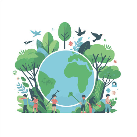 Earth Day vector concept illustration. Group of people planting trees and looking at the world.のイラスト素材