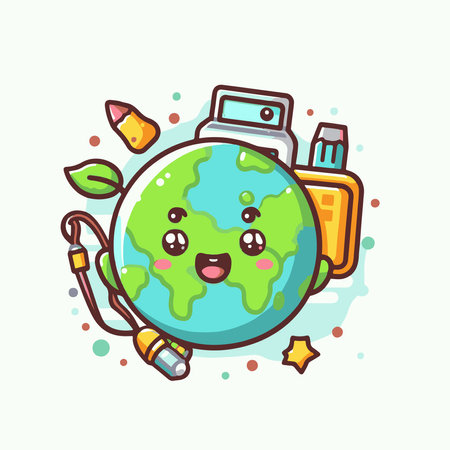 Cute kawaii earth character with headphones. Vector illustration.のイラスト素材