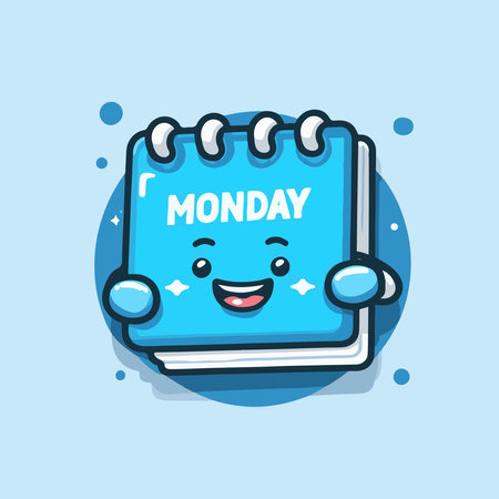 Vector illustration of a cute cartoon smiling calendar on blue background with text.のイラスト素材