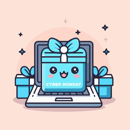 Laptop with gift box. Cute cartoon character. Vector illustration.のイラスト素材