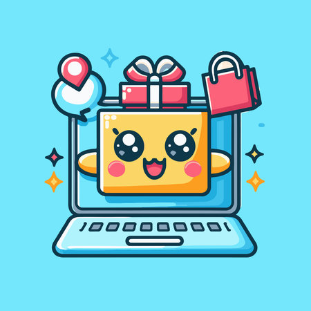 Laptop computer with gift box and shopping bags. Vector illustration.のイラスト素材