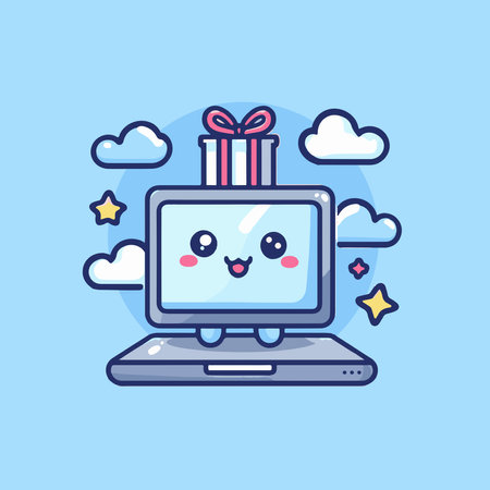 Cute computer with gift box. Vector illustration in cartoon style.のイラスト素材