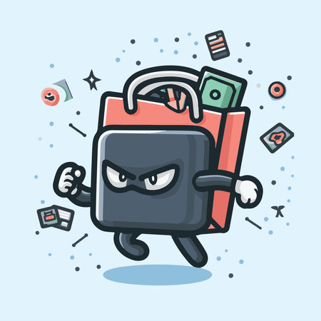 Cartoon Illustration of a Black Bag with Money and Credit Cardsのイラスト素材