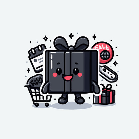 Cute Gift Box cartoon character with shopping cart, online shopping icon, vector illustration.のイラスト素材