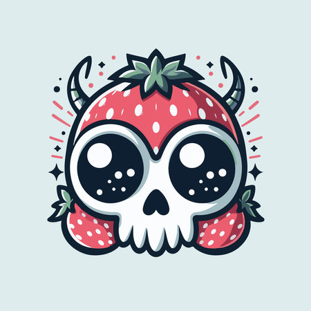 Skull and strawberry. Vector illustration in cartoon style on light blue background.のイラスト素材