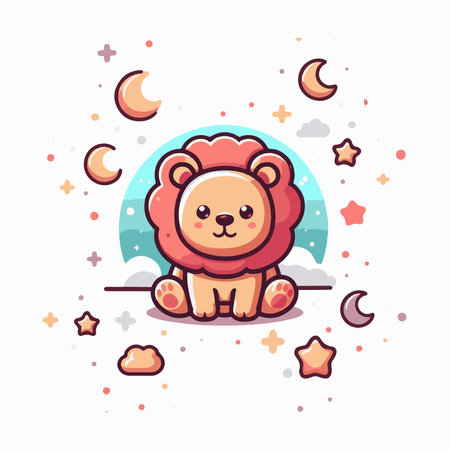 Cute lion sitting on the moon and stars. Vector illustration.のイラスト素材