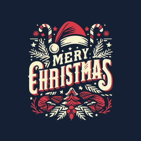 Merry Christmas lettering with Santa Claus hat. Vector illustration.のイラスト素材