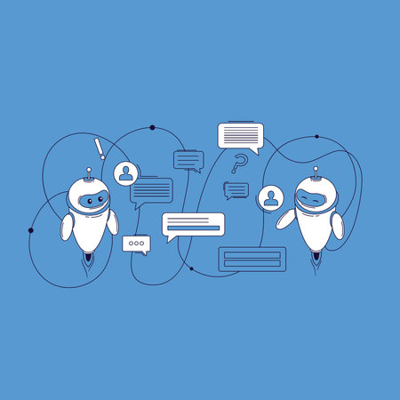 Chatbot concept. Vector illustration in thin line style. Isolated on blue background.