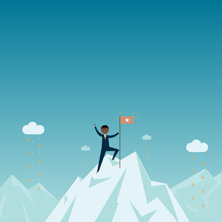 Businessman standing on the top of the mountain and holding a red flagのイラスト素材