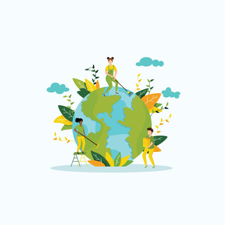 Vector illustration of people working on planet earth. Earth day concept.のイラスト素材
