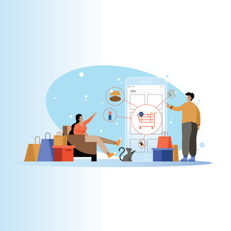 Online shopping concept. Vector illustration in flat style. Man and woman buying goods on internet.のイラスト素材