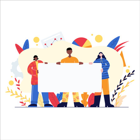 Group of people holding blank banner. Vector illustration in flat style.のイラスト素材