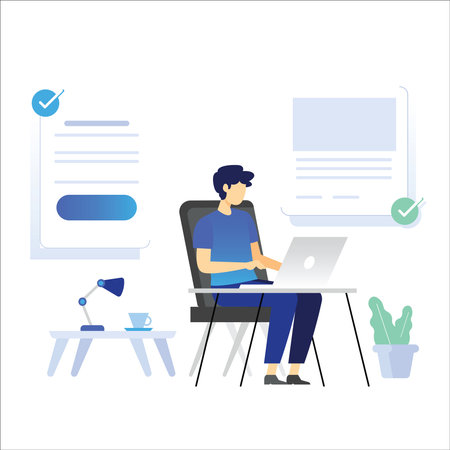 Man working on laptop at home office. Flat style vector illustration.のイラスト素材