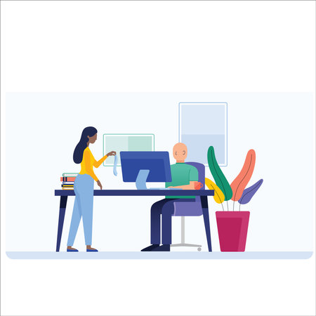 Business people working in office. Man and woman sitting at desk and working on computer. Flat vector illustration.のイラスト素材