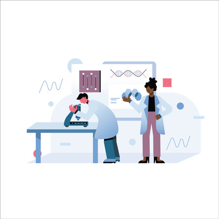 Scientist working with microscope and test tube. Vector illustration in flat styleのイラスト素材