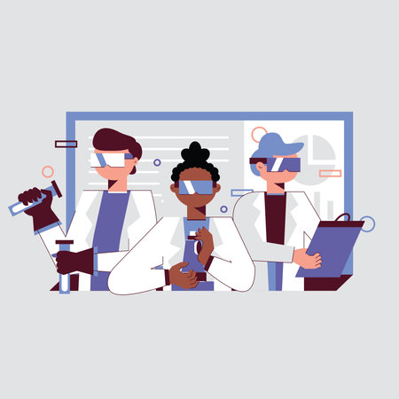 Group of scientists working in laboratory. Vector illustration in flat style.のイラスト素材