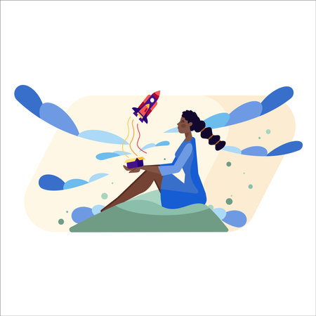Woman sitting on the beach and playing with a rocket. Vector illustrationのイラスト素材