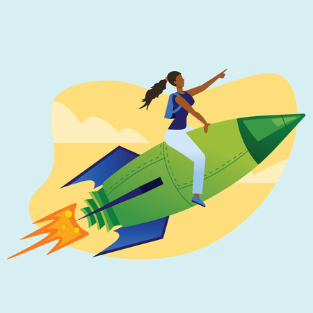 Woman flying on a rocket. Vector illustration in flat design style.のイラスト素材