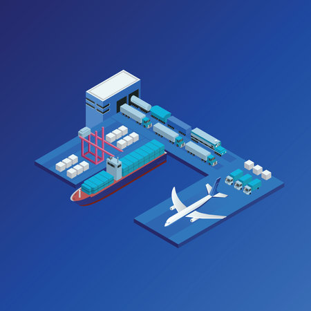 Logistics and transportation isometric background. Cargo ship, airplane, container, cargo plane. Vector illustration.のイラスト素材
