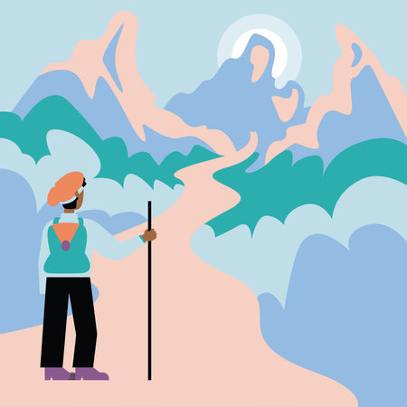 Hiking woman with backpack and trekking stick vector illustration graphic designのイラスト素材