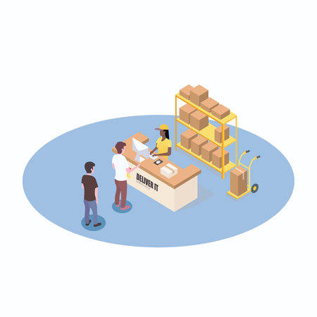 delivery people with boxes in warehouse isometric vector illustration graphic designのイラスト素材